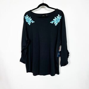 RAFAELLA Shirt Womens 3X Embroidered 3/4 SLEEVE Black Floral NEW Ruffle Sleeve